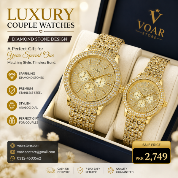 Luxury Diamond Couple Watches Set for Men & Women – Stainless Steel Matching Watches Gift for Couples in Pakistan