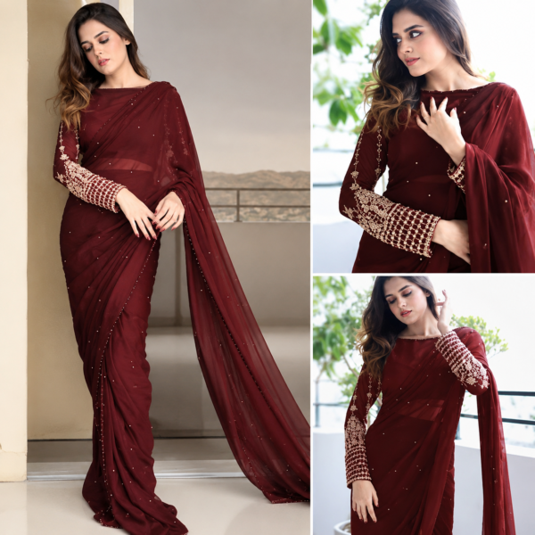 Maroon Silk Sequin Embroidered Saree Set for Weddings & Parties | Chiffon Saree with Silk Blouse