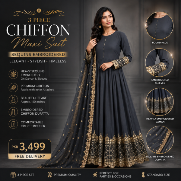 3 Piece Women's Stitched Chiffon Maxi Suit with Sequins Embroidery – Grey